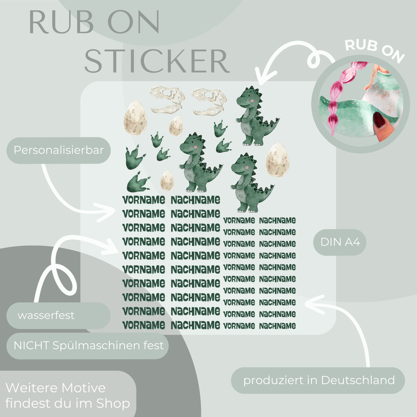 Dinosaurier Rub-On Sticker Set personalisierbar