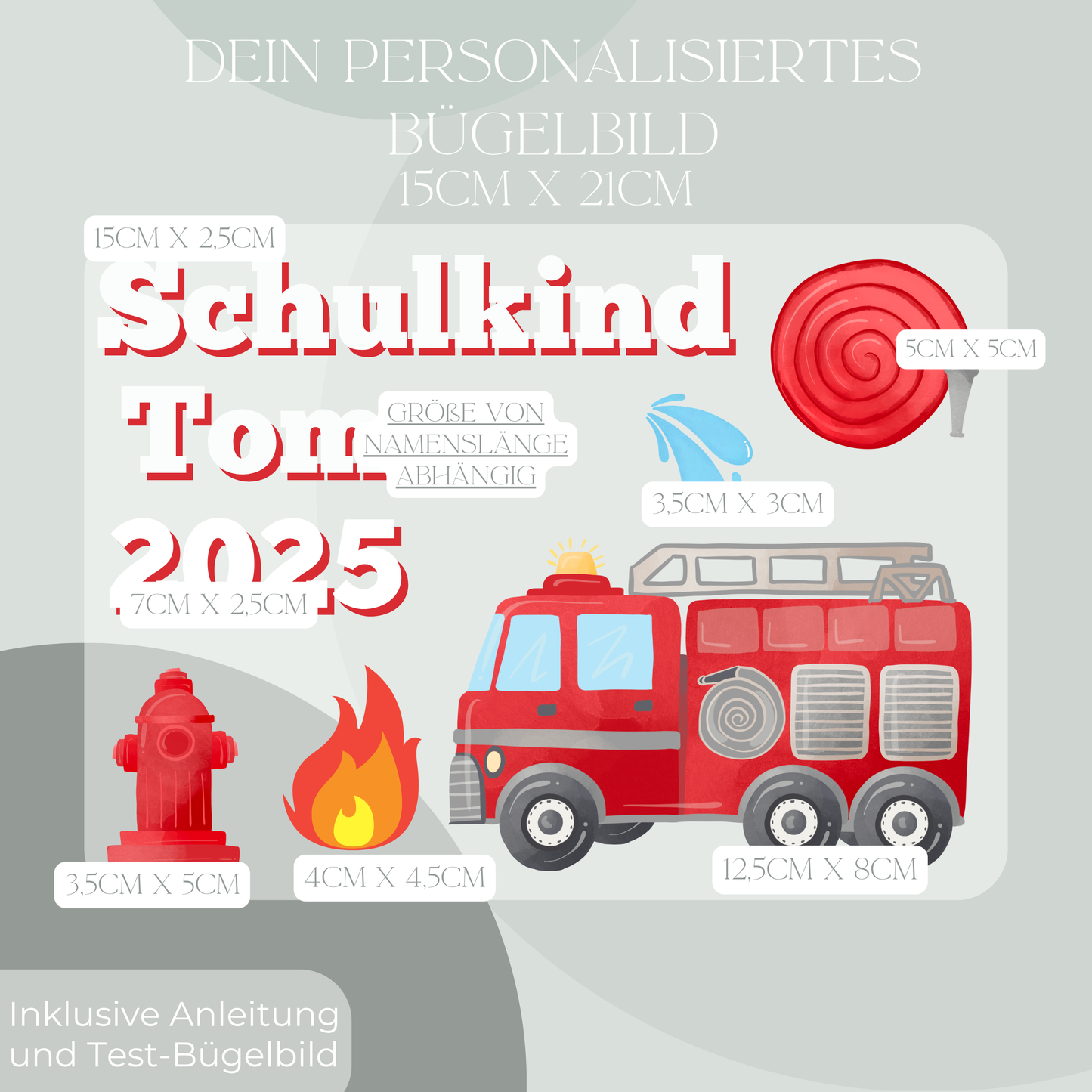 Personalisiertes Bügelbild-Set Schulkind 2025 Feuerwehr-Motiv