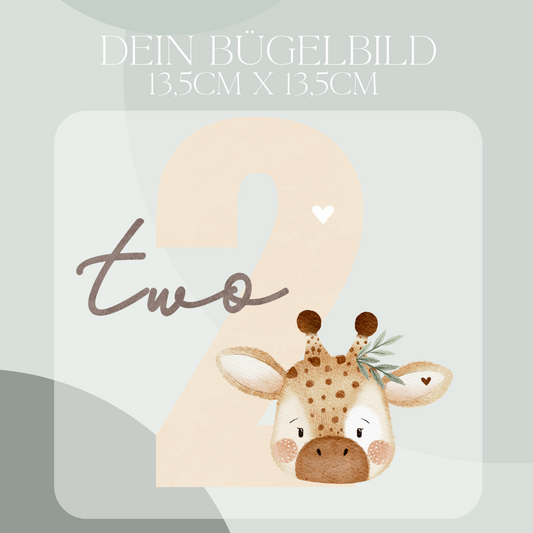 Geburtstagszahl 2 mit  Giraffe - Maxi Bügel-Bild Bügelbild Eigenproduktion