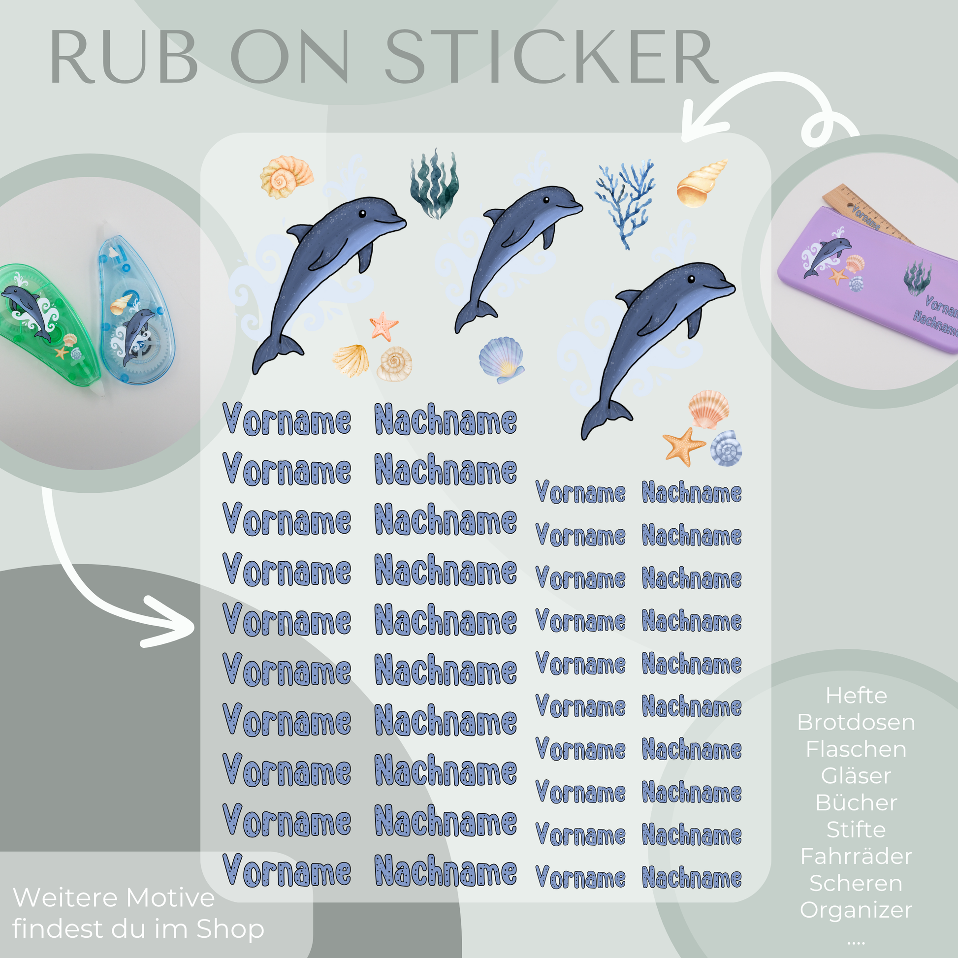 Personalisierte Rub-On Sticker mit Delfin Motiv.