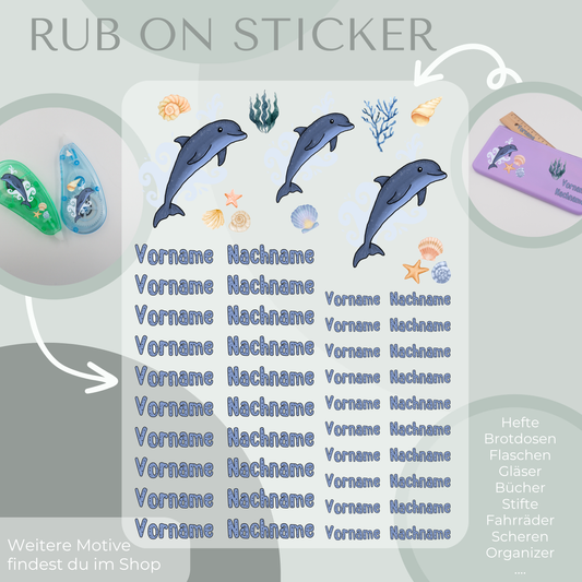 Personalisierte Rub-On Sticker mit Delfin Motiv.