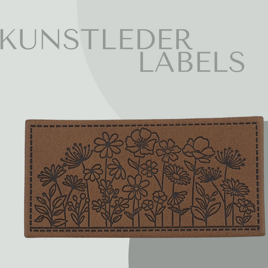 Kunstleder Label eckig in braun mit Blumenbild