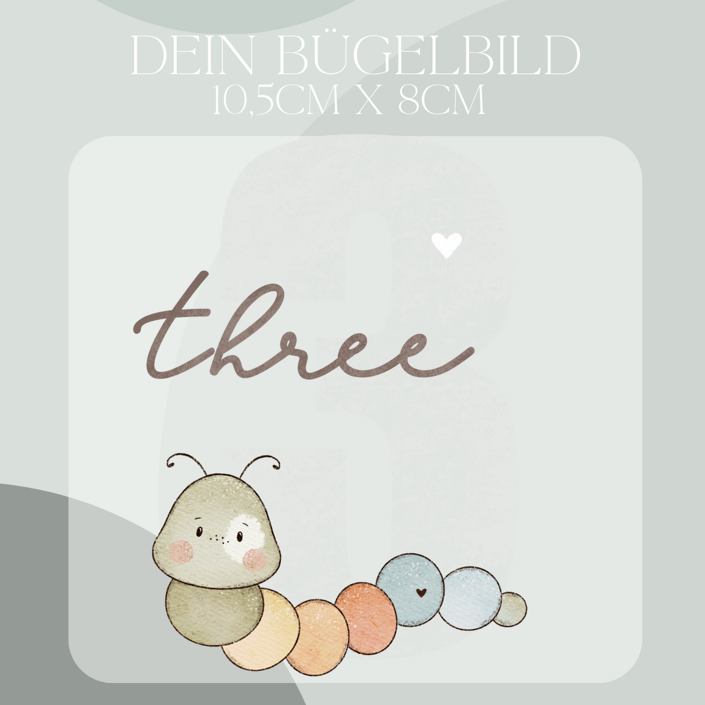 Geburtstagszahl 3 mit Raupe - Mini Bügel-Bild Bügelbild Eigenproduktion