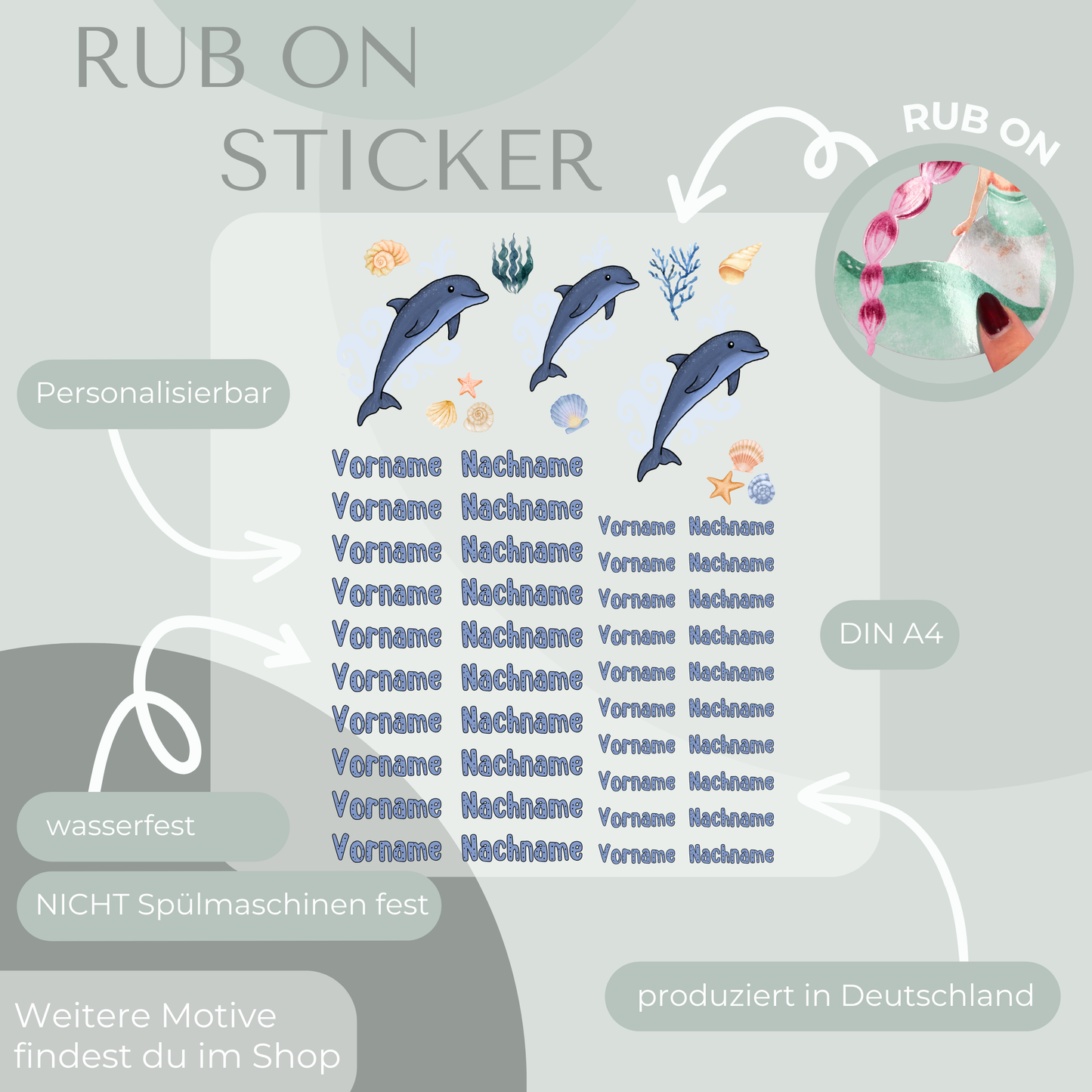 Delfin Rub-On Sticker Set personalisierbar