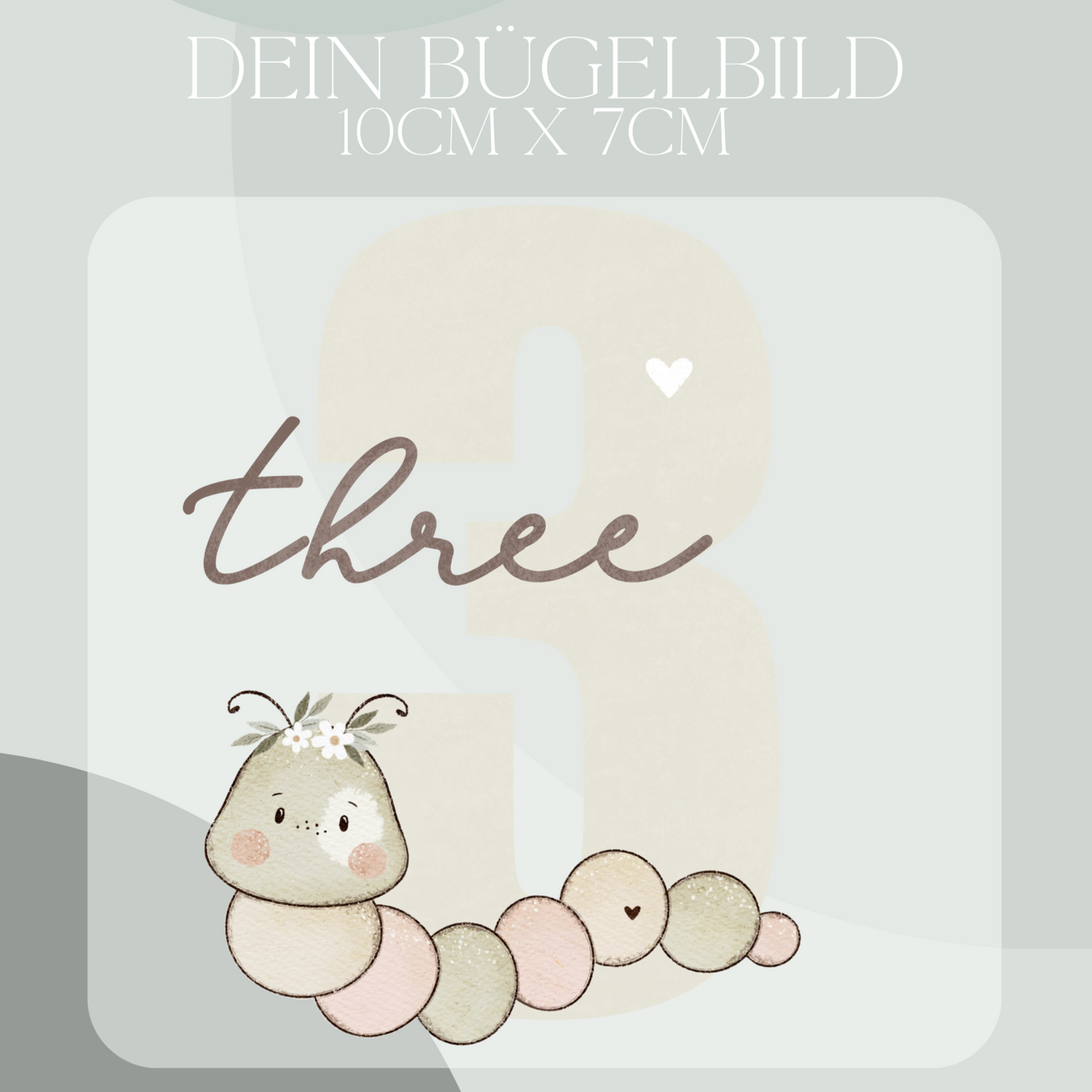 Geburtstagszahl 3 mit Raupe m - Mini Bügel-Bild Bügelbild Eigenproduktion