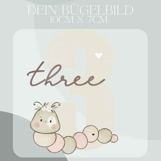 Geburtstagszahl 3 mit Raupe m - Mini Bügel-Bild Bügelbild Eigenproduktion