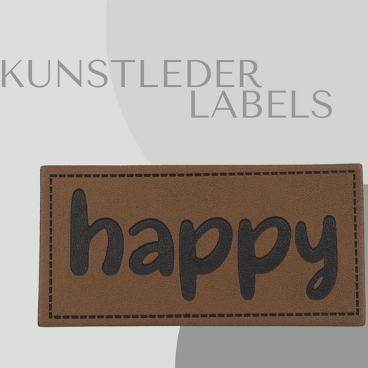 Kunstleder Label eckig in braun mit der Aufschrift "happy"