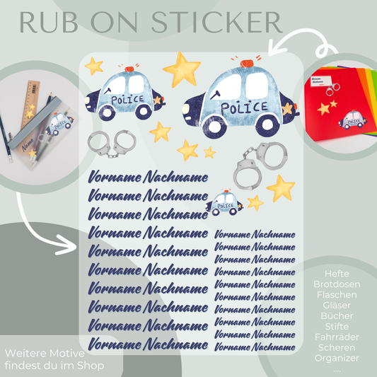 Personalisierte Rub-On Sticker mit Polizei Motiv.