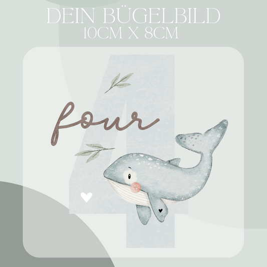 Geburtstagszahl 4 mit Wal  - Mini Bügel-Bild Bügelbild Eigenproduktion