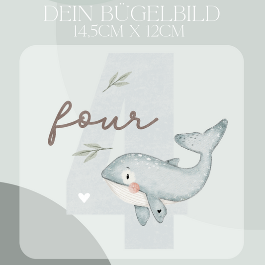 Geburtstagszahl 4 mit Wal  - Maxi Bügel-Bild Bügelbild Eigenproduktion