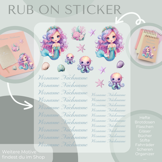 Personalisierbare Rub-On Sticker Sets mit Meerjungfrauen Motiv.