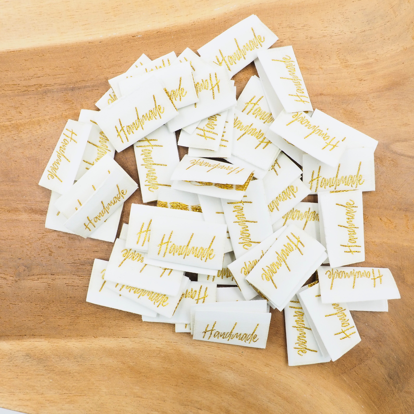 Handmade Weiß Gold Glitzer Label gewebt Eigenproduktion