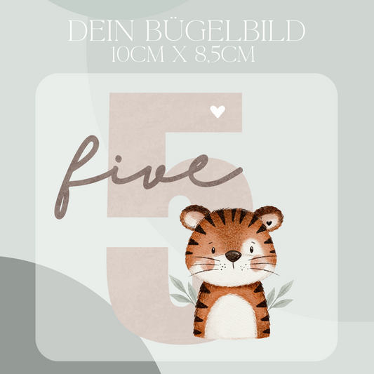 Geburtstagszahl 5 mit Tiger - Mini Bügel-Bild Bügelbild Eigenproduktion