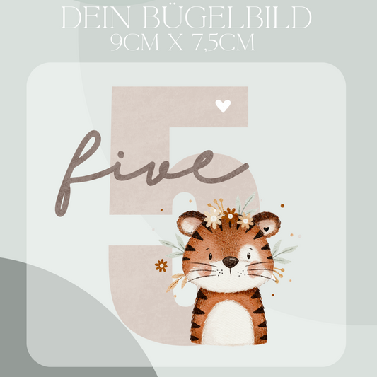 Geburtstagszahl 5 mit floraler Tiger - Mini Bügel-Bild Bügelbild Eigenproduktion