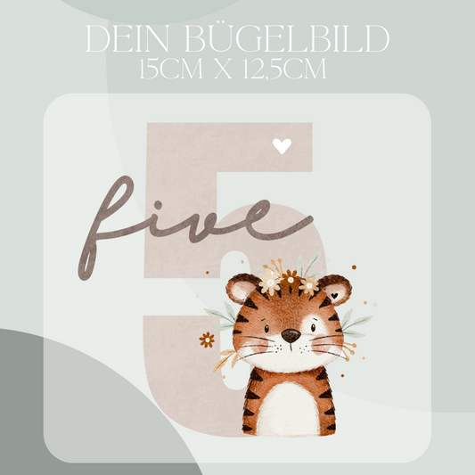 Geburtstagszahl 5 mit floral Tiger - Maxi Bügel-Bild Bügelbild Eigenproduktion