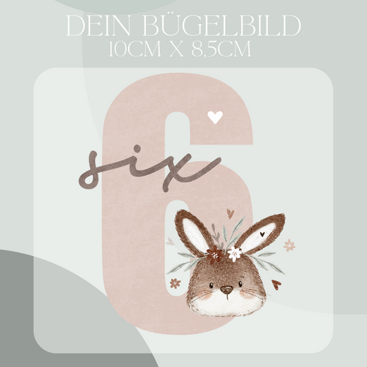 Geburtstagszahl 6 mit floraler Hase - Mini Bügel-Bild Bügelbild Eigenproduktion
