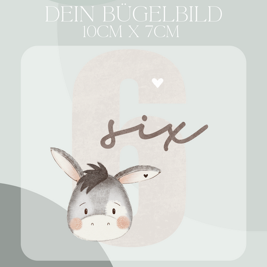 Geburtstagszahl 6 mit Esel - Mini Bügel-Bild Bügelbild Eigenproduktion