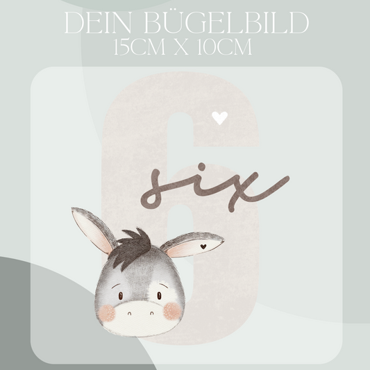 Geburtstagszahl 6 mit Esel - Maxi Bügel-Bild Bügelbild Eigenproduktion