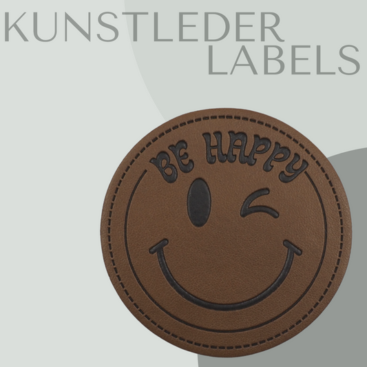 Kunstleder Label rund smiley in braun mit der Aufschrift "be happy"
