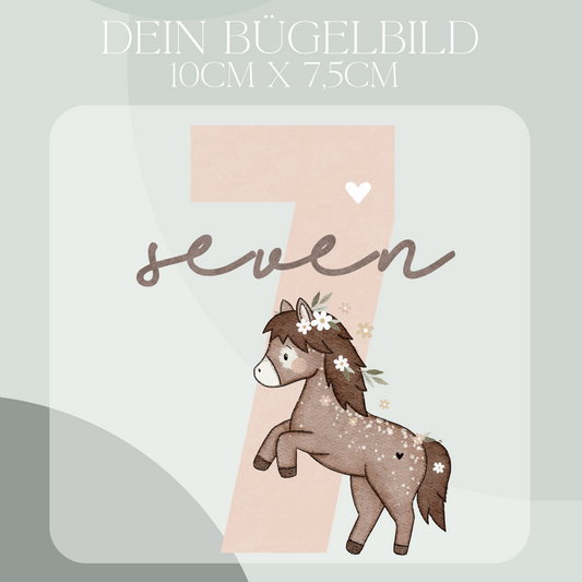 Geburtstagszahl 7 mit Pferd - Mini Bügel-Bild Bügelbild Eigenproduktion