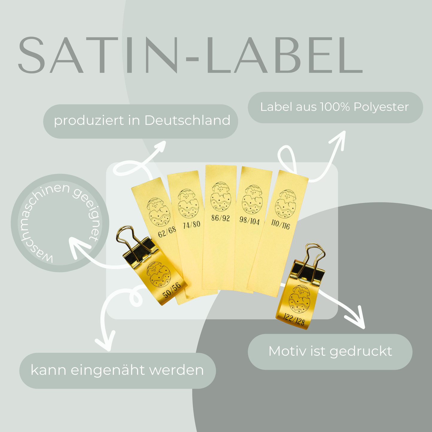 5 Stück Doppelgrößen Satin-Label "Osterei mit Kücken" Eigenproduktion