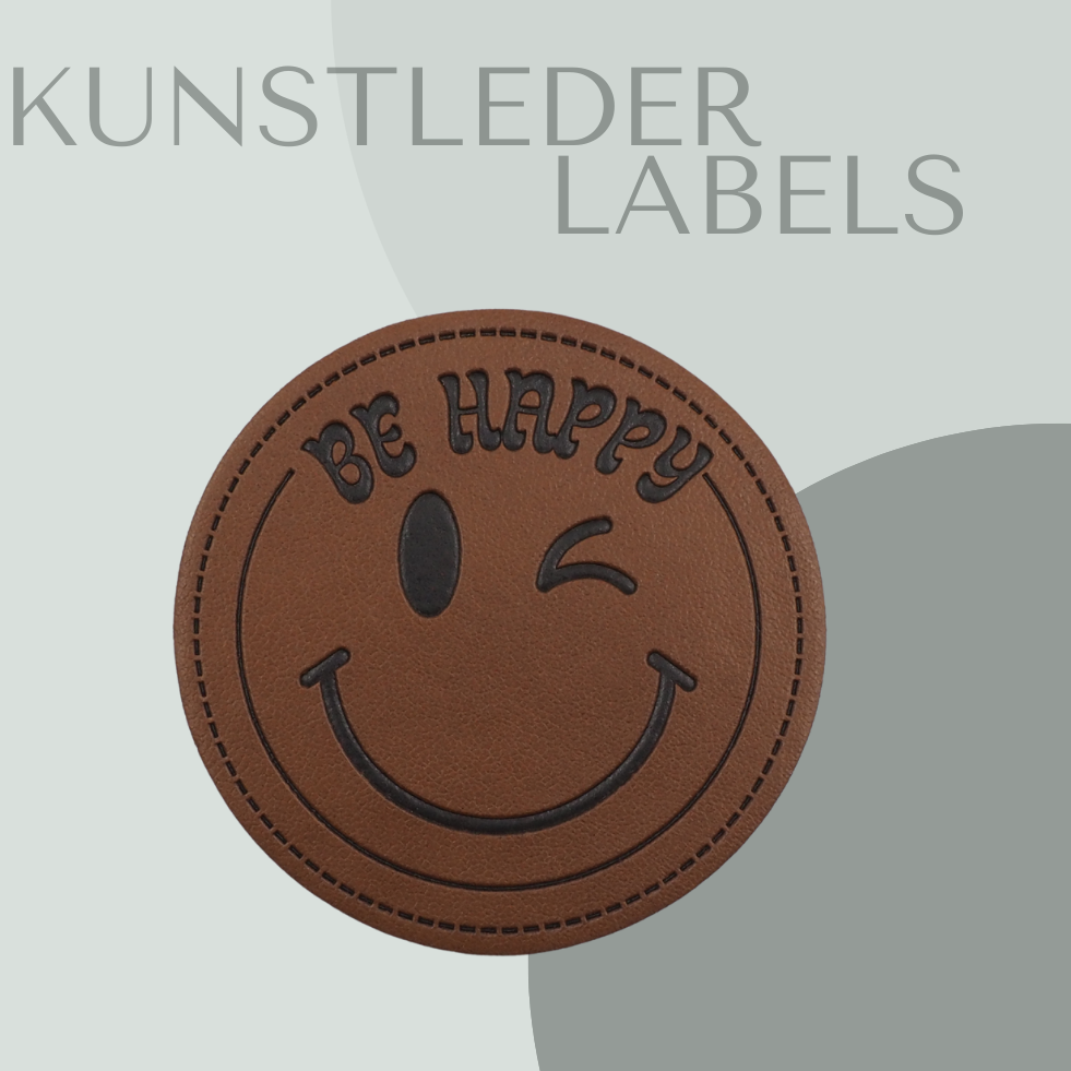 Be happy Smiley Kunstlederlabel Kunstleder Label Eigenproduktion
