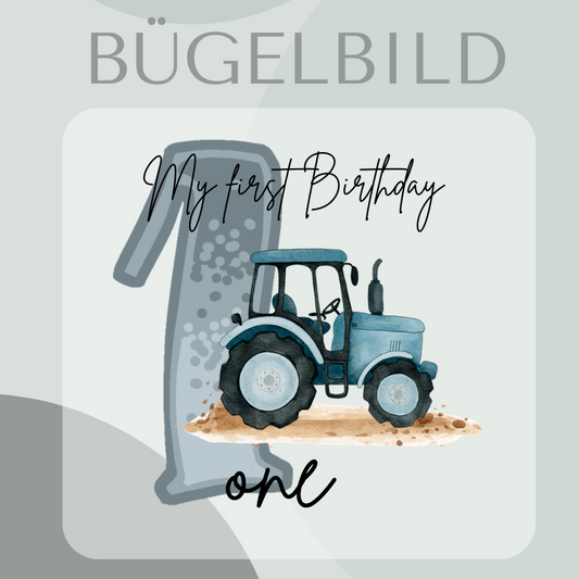 Geburtstag Bügelbild mit einem blauen Traktor