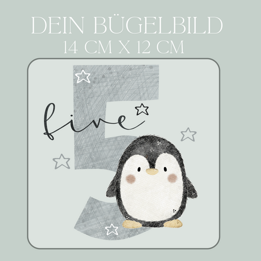 Geburtstagszahl 5 mit Pinguin - Maxi Bügel-Bild Bügelbild Eigenproduktion