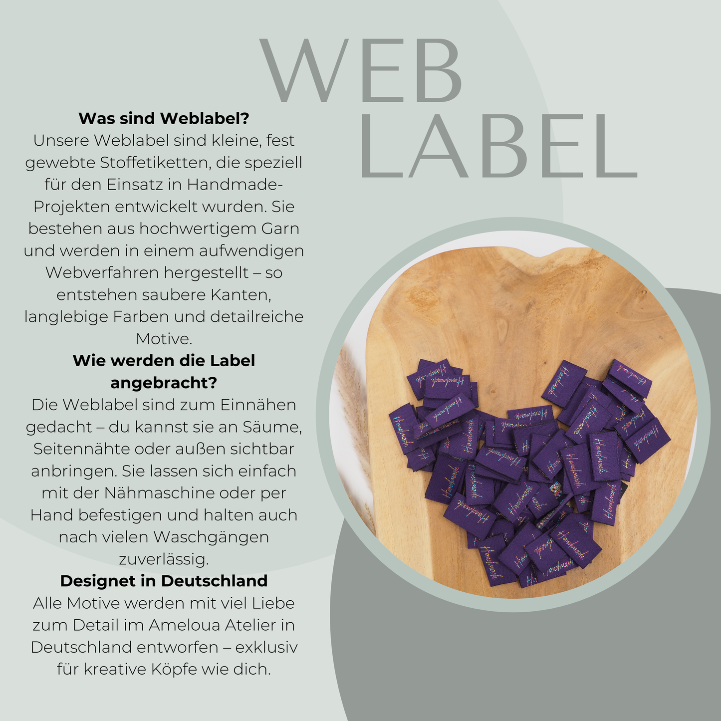 Handmade Lila Bunt Glitzer Label gewebt Eigenproduktion