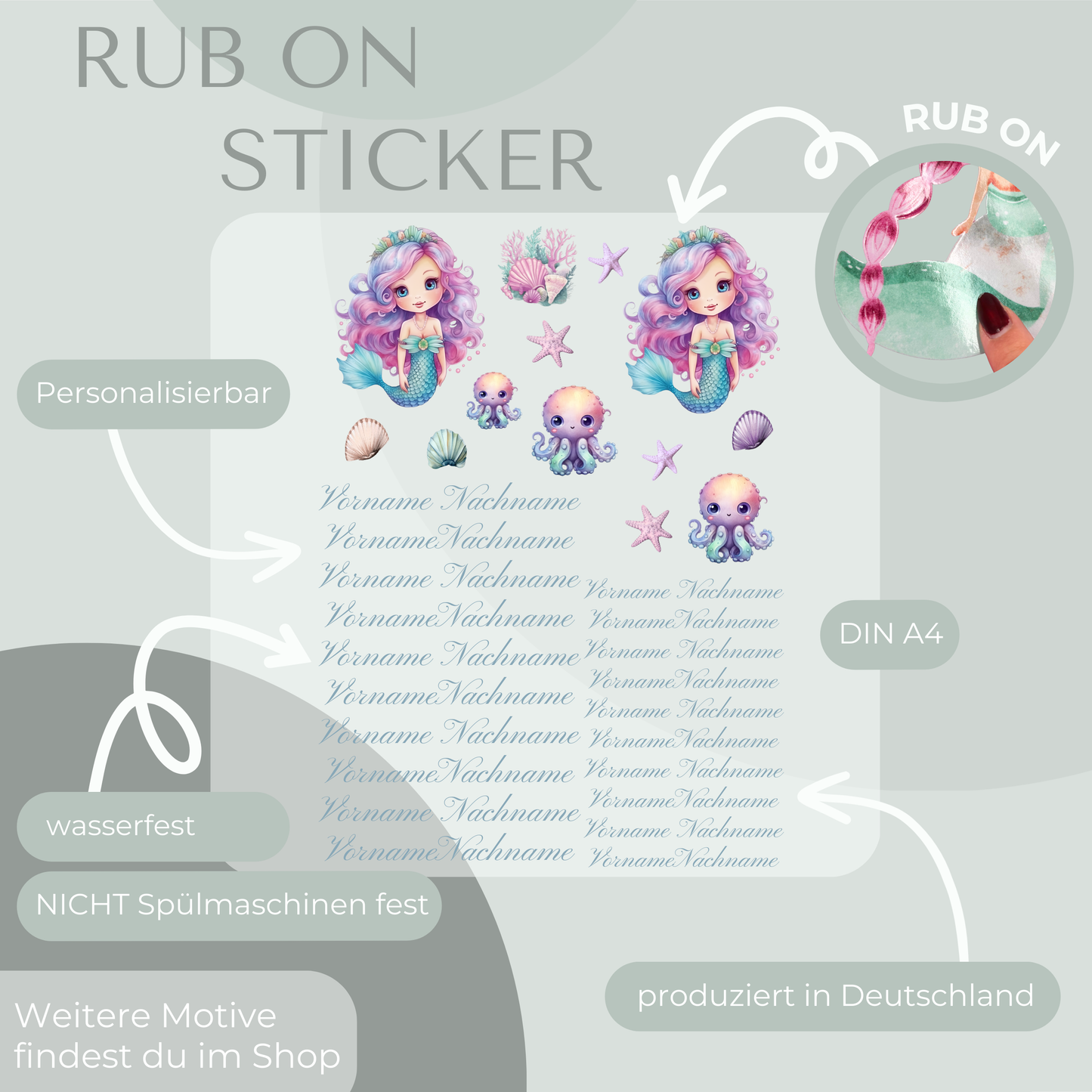 Meerjungfrau I Rub-On Sticker Set personalisierbar