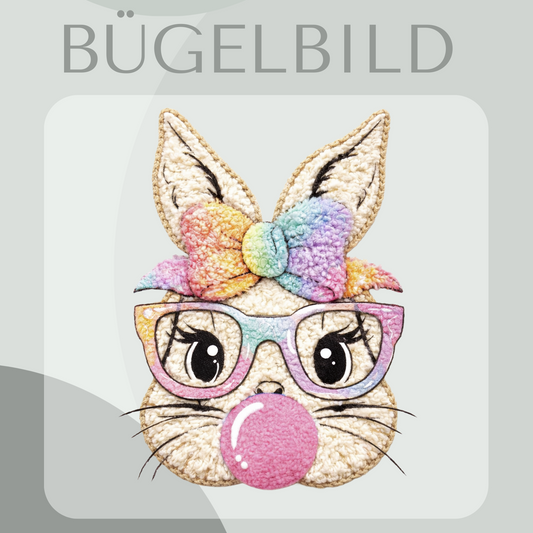 Bügelbild Funky Hase mit Bubblegum-Blase