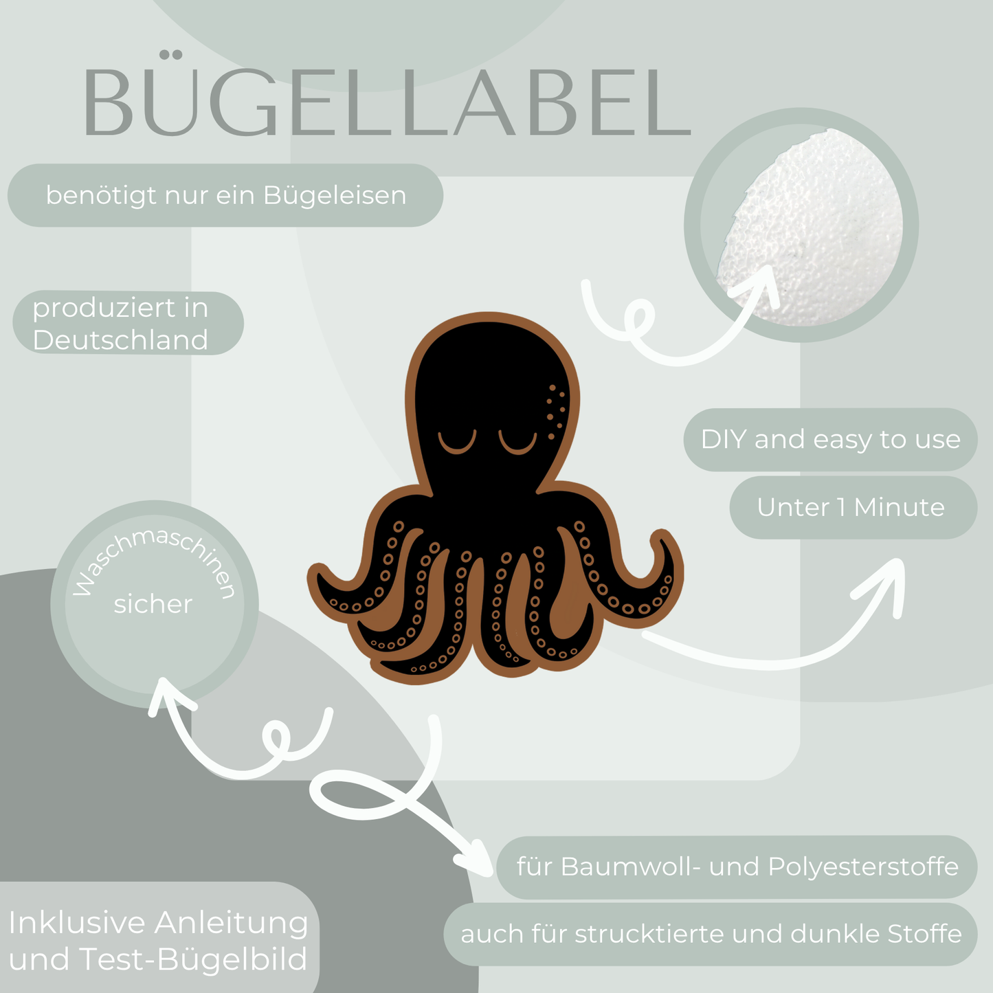 Oktopus Bügel Label Bügellabel Eigenproduktion
