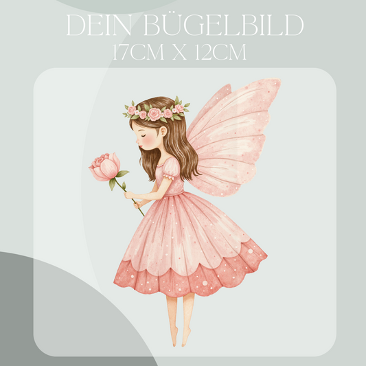 Bügelbild mit Fee in rosa mit Blume