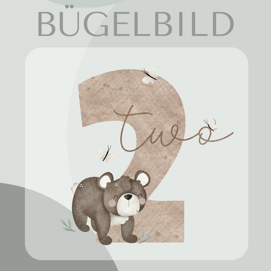 Bügelbild Geburtstagszahl 2 mit Bär 