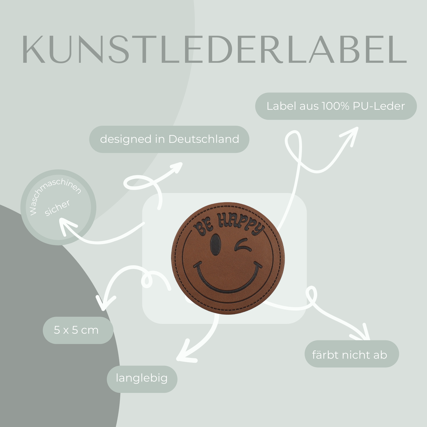 Be happy Smiley Kunstlederlabel Kunstleder Label Eigenproduktion