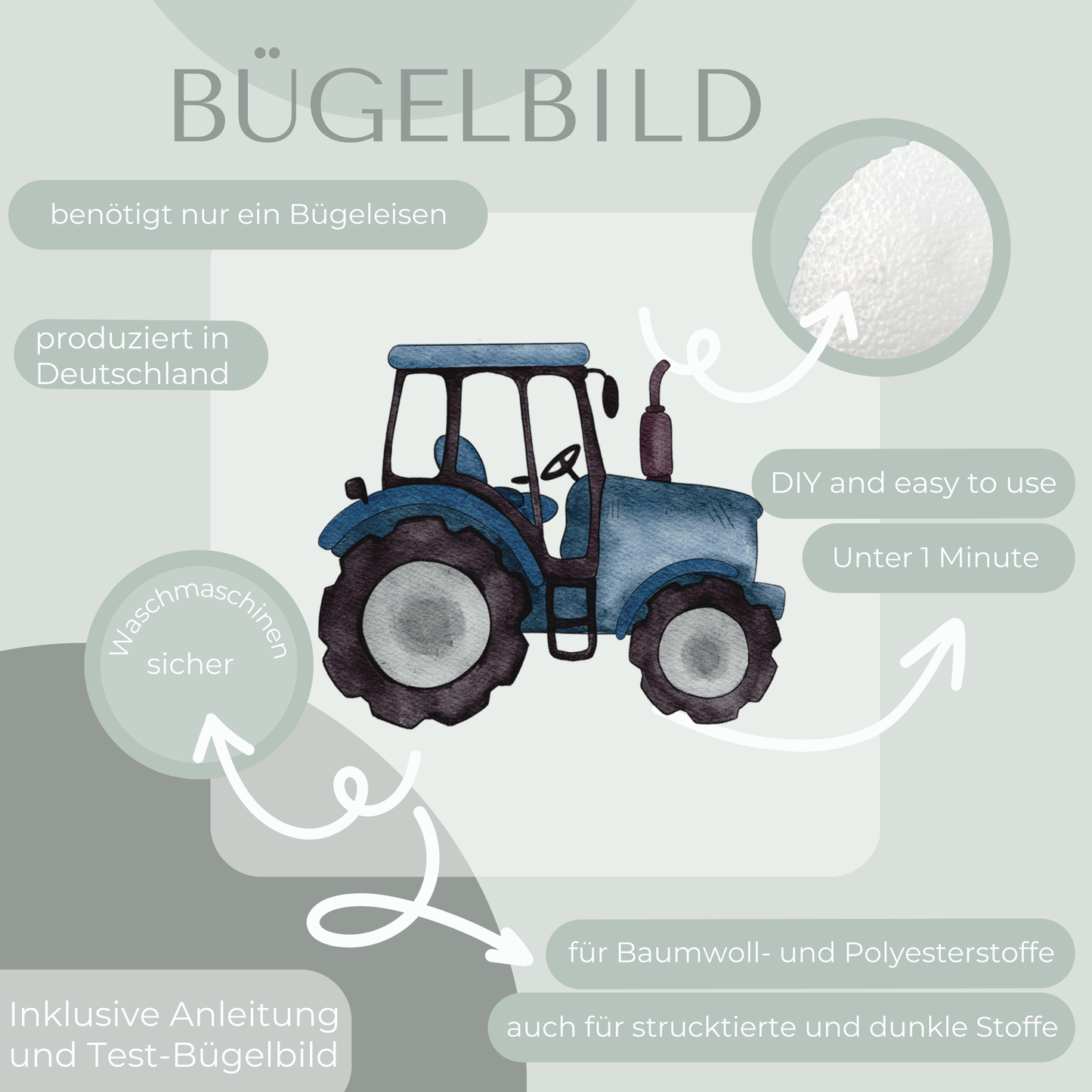 Traktor blau Mini- Bügel-Bild Bügelbild Eigenproduktion