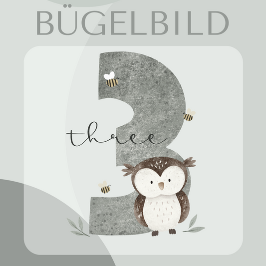 Bügelbild Geburtstagszahl 3 mit Eule