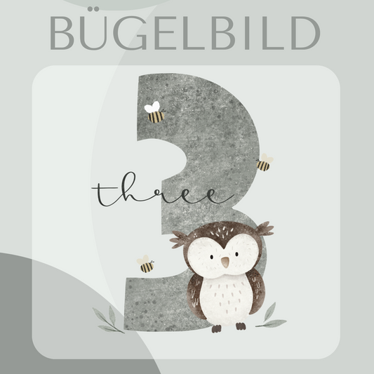 Bügelbild Geburtstagszahl 3 mit Eule