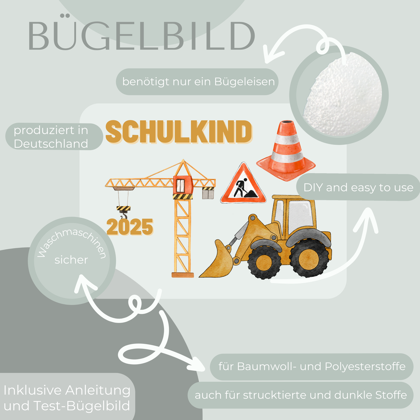 Bügelbild-Set Schulkind 2025 Bagger