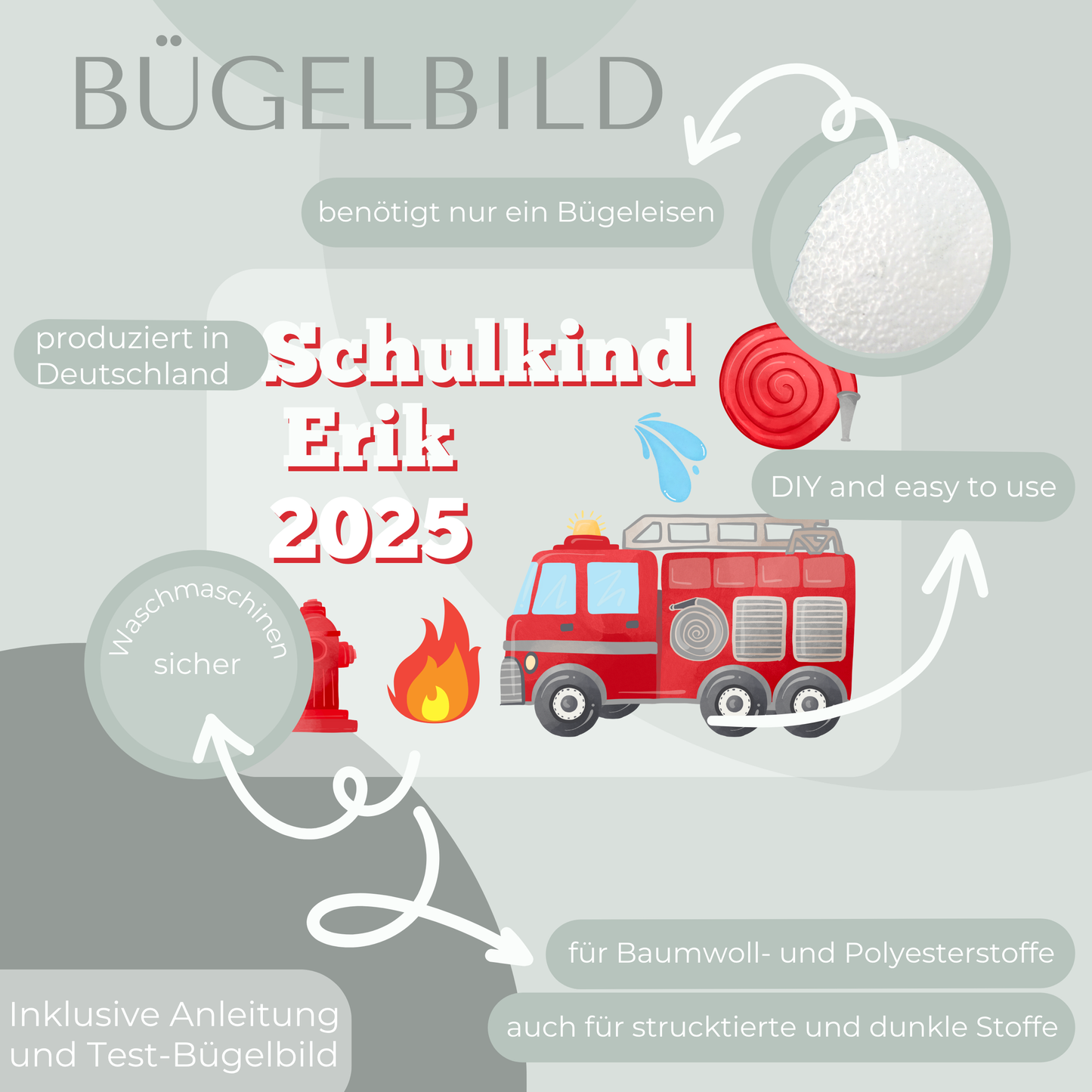 Personalisiertes Bügelbild-Set Schulkind 2025 Feuerwehr-Motiv
