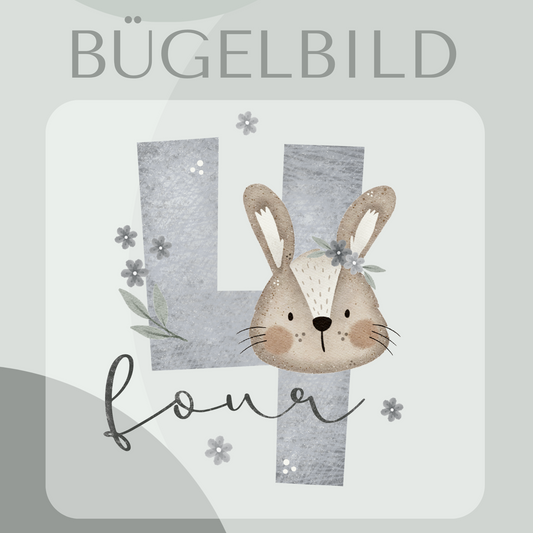 Bügelbild Geburtstagszahl 4 mit Hase