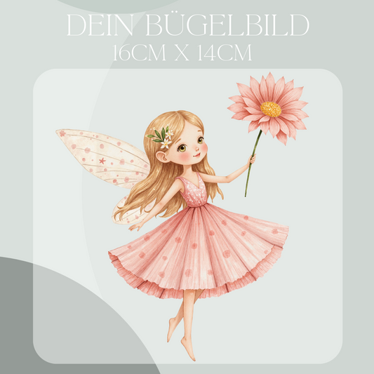 Bügelbild mit Fee in rosa mit Blume