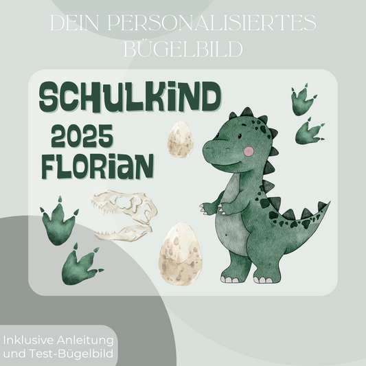 Personalisiertes Bügelbild-Set Schulkind 2025 Dinosaurier