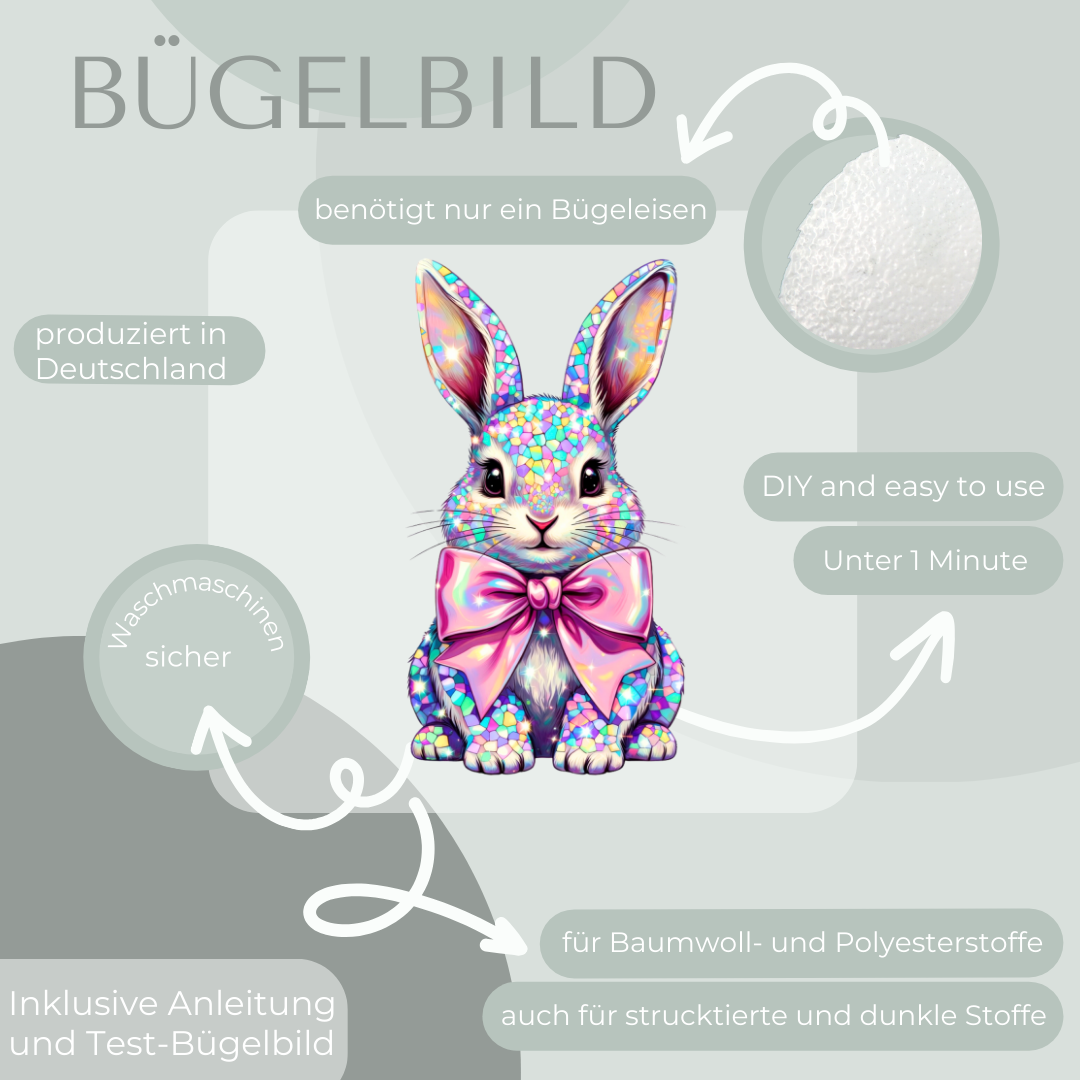 Funkelnder Hase mit Schleife Bügel-Bild Bügelbild Eigenproduktion