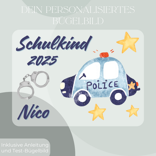 Personalisiertes Bügelbild-Set Schulkind 2025 Polizei