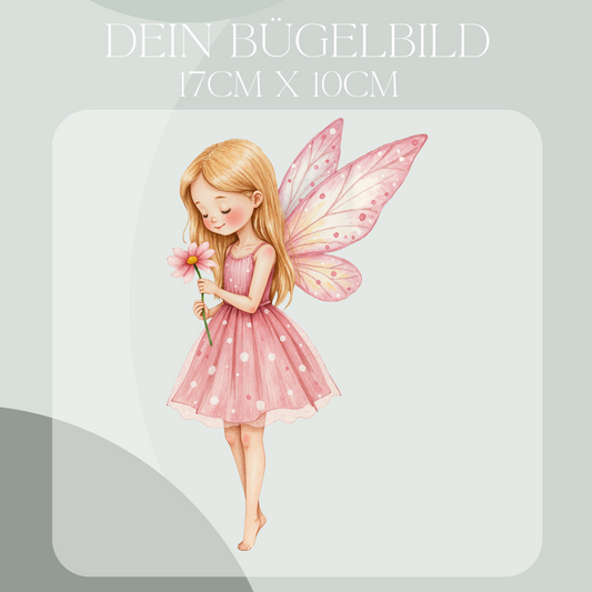 Bügelbild mit Fee in rosa mit Blume