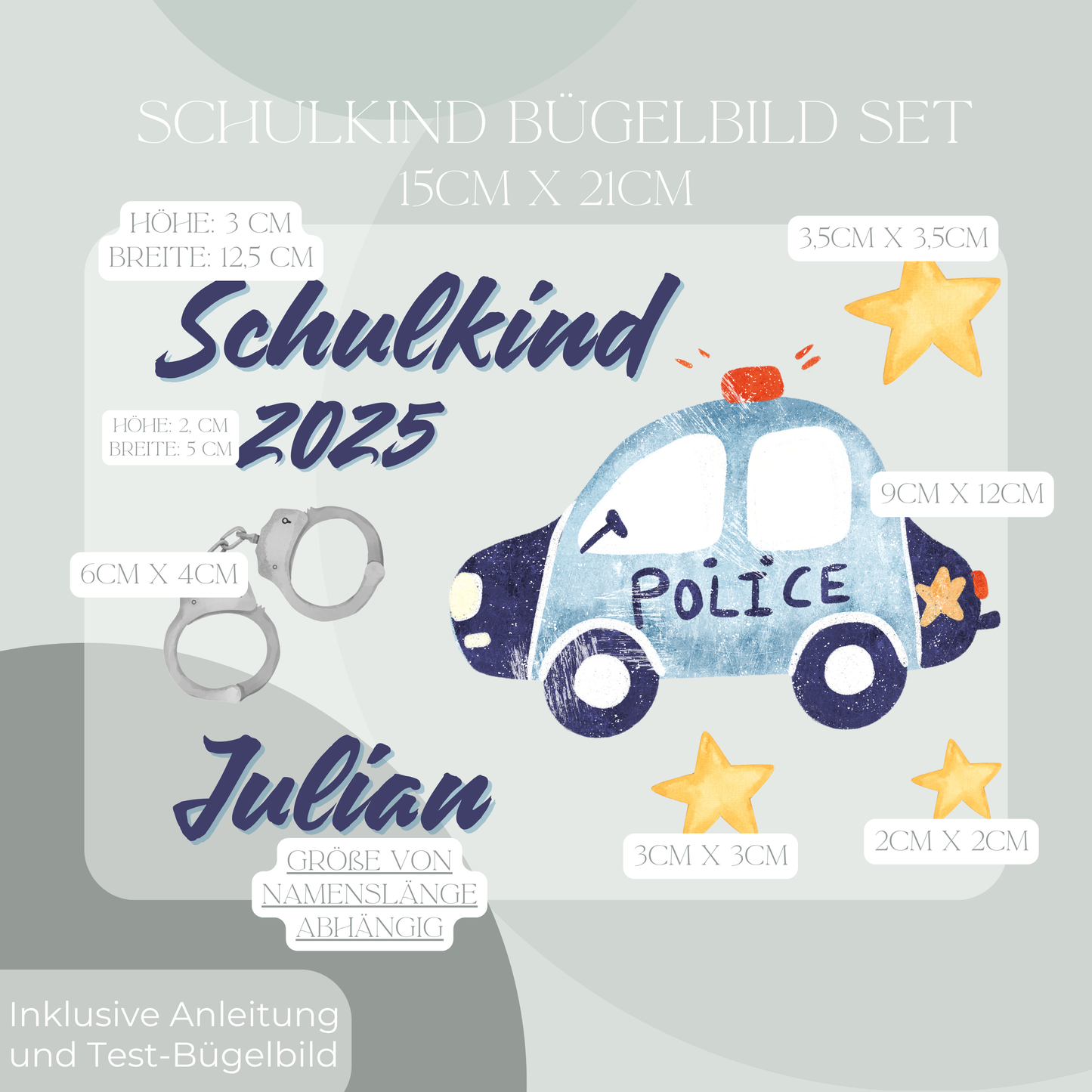 Personalisiertes Bügelbild-Set Schulkind 2025 Polizei