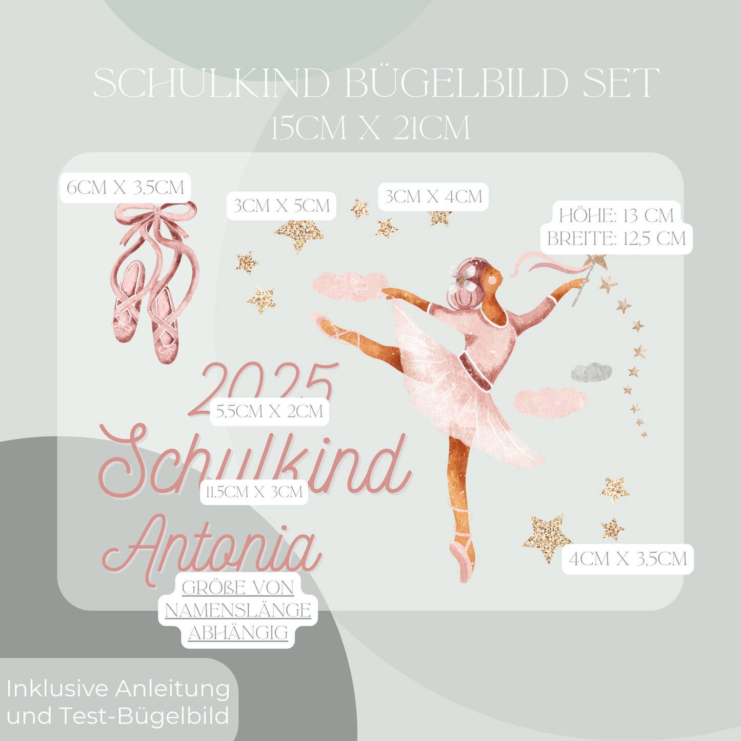 Personalisiertes Bügelbild-Set Schulkind 2025 Ballerina