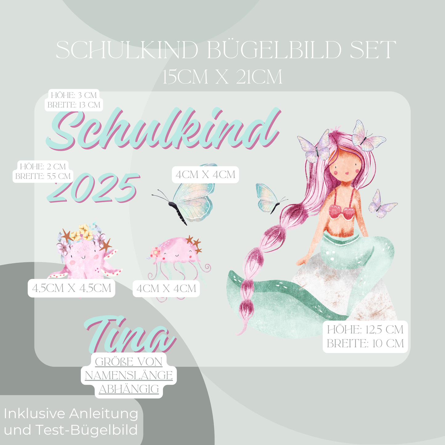 Personalisiertes Bügelbild-Set Schulkind 2025 Meerjungfrau II