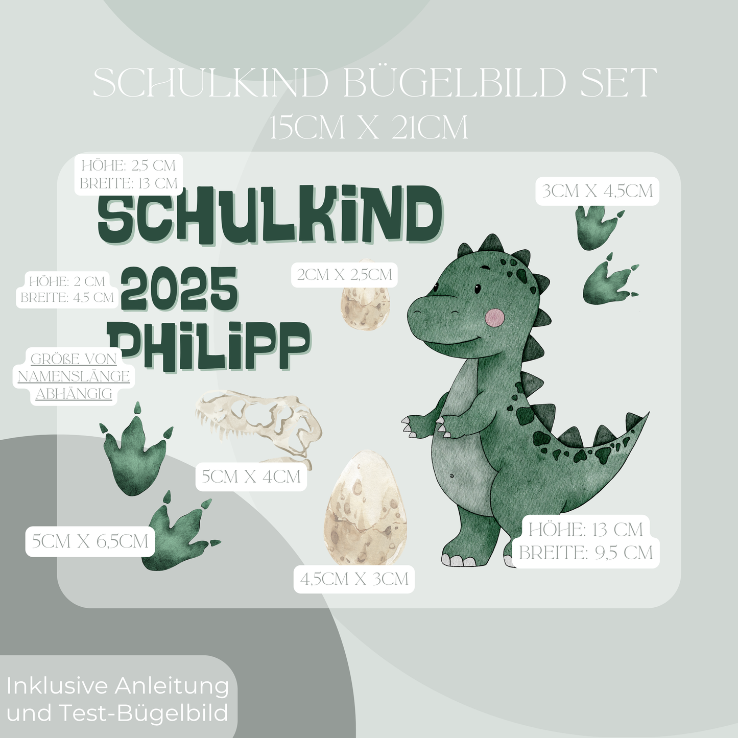 Personalisiertes Bügelbild-Set Schulkind 2025 Dinosaurier